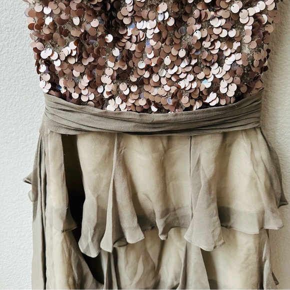 SCALA strapless taupe gray sparkle sequin silk ruffle mini prom dress womens 2 - Picture 12 of 13